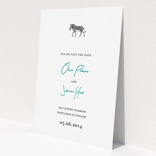 A wedding save the date card template titled 'Zebra crossing'. It is an A6 card in a portrait orientation. 'Zebra crossing' is available as a flat card, with tones of white and blue.