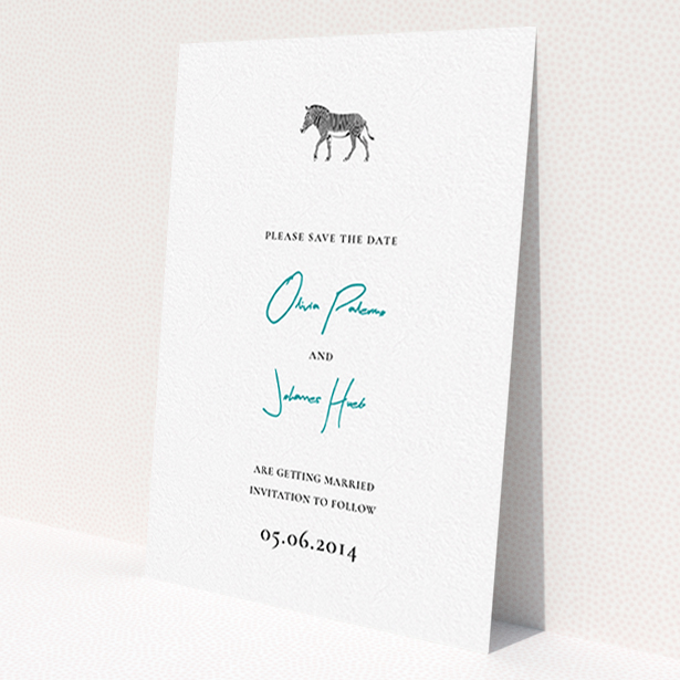 A wedding save the date card template titled "Zebra crossing". It is an A6 card in a portrait orientation. "Zebra crossing" is available as a flat card, with tones of white and blue.