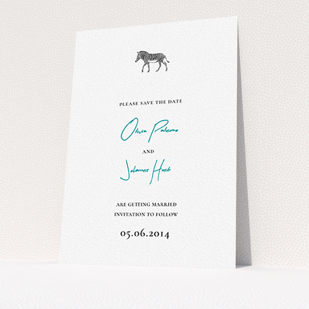 A wedding save the date card template titled "Zebra crossing". It is an A6 card in a portrait orientation. "Zebra crossing" is available as a flat card, with tones of white and blue.