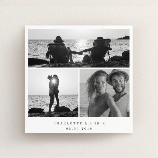 A wedding save the date design called "Classic Tryptic". It is a square (148mm x 148mm) save the date in a square orientation. It is a photographic wedding save the date with room for 3 photos. "Classic Tryptic" is available as a flat save the date, with mainly white colouring.