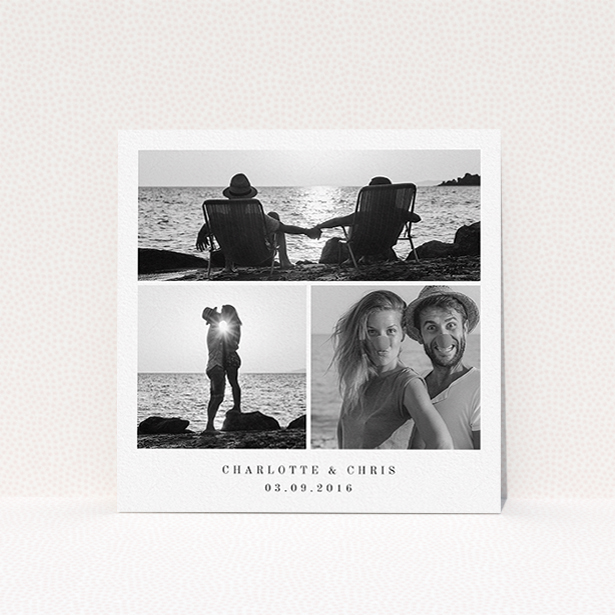A wedding save the date design called "Classic Tryptic". It is a square (148mm x 148mm) save the date in a square orientation. It is a photographic wedding save the date with room for 3 photos. "Classic Tryptic" is available as a flat save the date, with mainly white colouring.