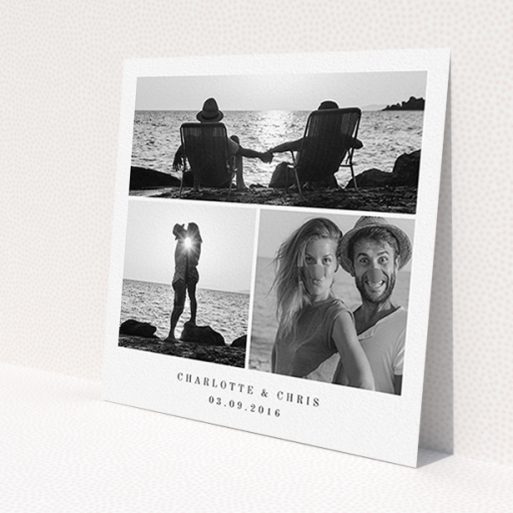 A wedding save the date design called 'Classic Tryptic'. It is a square (148mm x 148mm) save the date in a square orientation. It is a photographic wedding save the date with room for 3 photos. 'Classic Tryptic' is available as a flat save the date, with mainly white colouring.