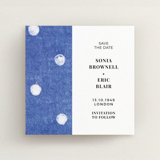 A wedding save the date design named "Cloth polkadots". It is a square (148mm x 148mm) save the date in a square orientation. "Cloth polkadots" is available as a flat save the date, with tones of blue and white.