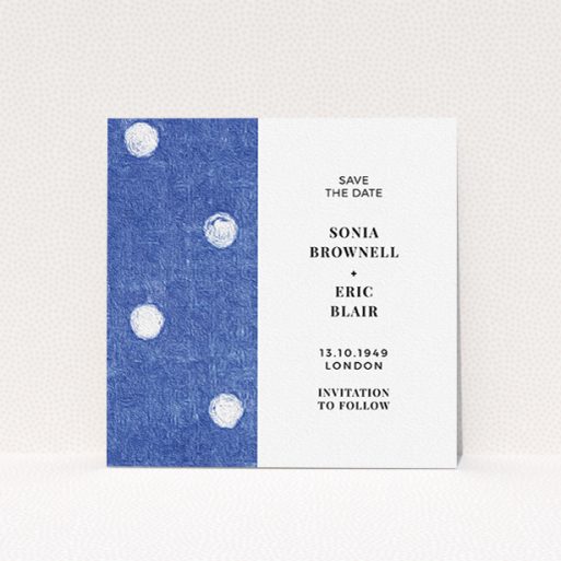 A wedding save the date design named "Cloth polkadots". It is a square (148mm x 148mm) save the date in a square orientation. "Cloth polkadots" is available as a flat save the date, with tones of blue and white.