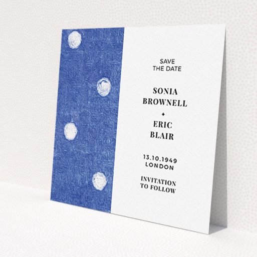 A wedding save the date design named 'Cloth polkadots'. It is a square (148mm x 148mm) save the date in a square orientation. 'Cloth polkadots' is available as a flat save the date, with tones of blue and white.