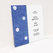 A wedding save the date design named "Cloth polkadots". It is a square (148mm x 148mm) save the date in a square orientation. "Cloth polkadots" is available as a flat save the date, with tones of blue and white.