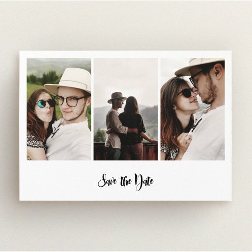 A wedding save the date design named "Colour Photo on White". It is an A5 save the date in a landscape orientation. It is a photographic wedding save the date with room for 3 photos. "Colour Photo on White" is available as a flat save the date, with mainly white colouring.