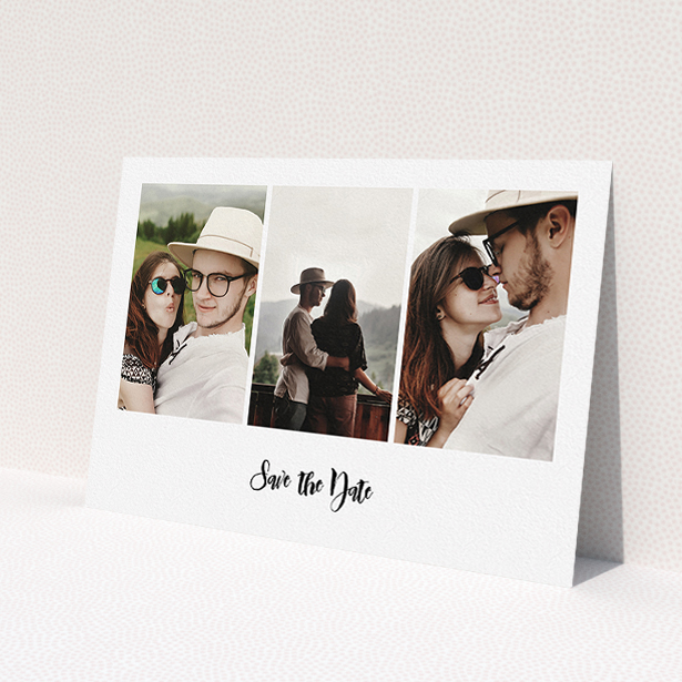 A wedding save the date design named 'Colour Photo on White'. It is an A5 save the date in a landscape orientation. It is a photographic wedding save the date with room for 3 photos. 'Colour Photo on White' is available as a flat save the date, with mainly white colouring.