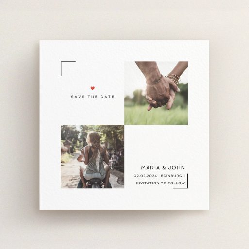 A wedding save the date named "Cornered Photo Double". It is a square (148mm x 148mm) save the date in a square orientation. It is a photographic wedding save the date with room for 2 photos. "Cornered Photo Double" is available as a flat save the date, with tones of white and red.