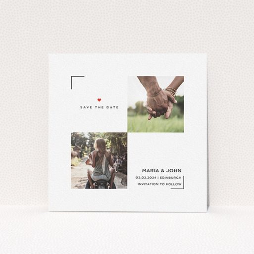 A wedding save the date named "Cornered Photo Double". It is a square (148mm x 148mm) save the date in a square orientation. It is a photographic wedding save the date with room for 2 photos. "Cornered Photo Double" is available as a flat save the date, with tones of white and red.