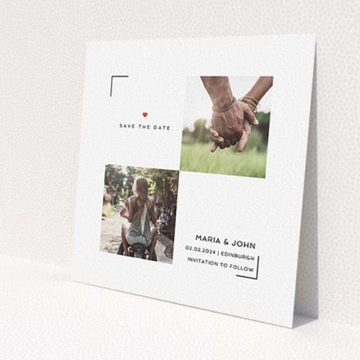 A wedding save the date named 'Cornered Photo Double'. It is a square (148mm x 148mm) save the date in a square orientation. It is a photographic wedding save the date with room for 2 photos. 'Cornered Photo Double' is available as a flat save the date, with tones of white and red.