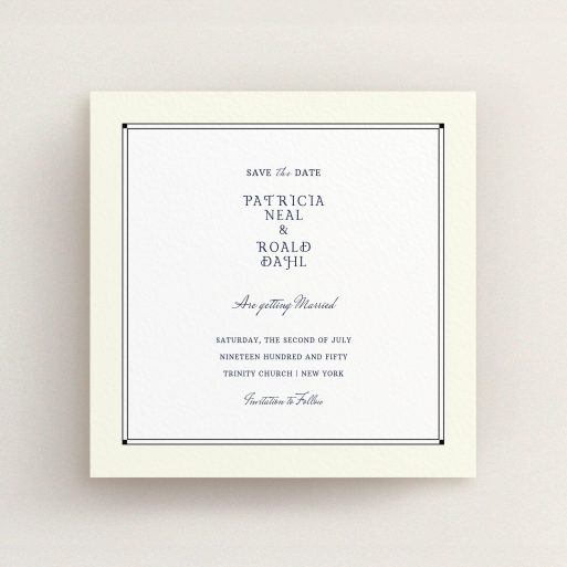 A wedding save the date design named "Deco Cream". It is a square (148mm x 148mm) save the date in a square orientation. "Deco Cream" is available as a flat save the date, with mainly cream colouring.
