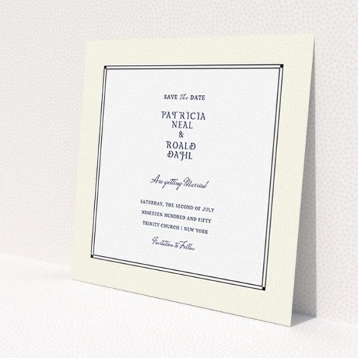 A wedding save the date design named 'Deco Cream'. It is a square (148mm x 148mm) save the date in a square orientation. 'Deco Cream' is available as a flat save the date, with mainly cream colouring.