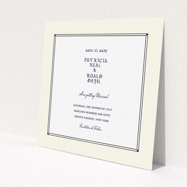 A wedding save the date design named "Deco Cream". It is a square (148mm x 148mm) save the date in a square orientation. "Deco Cream" is available as a flat save the date, with mainly cream colouring.