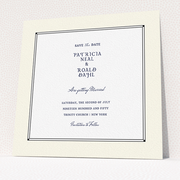 A wedding save the date design named "Deco Cream". It is a square (148mm x 148mm) save the date in a square orientation. "Deco Cream" is available as a flat save the date, with mainly cream colouring.