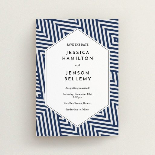 A wedding save the date design named "Diamond scratch". It is an A6 save the date in a portrait orientation. "Diamond scratch" is available as a flat save the date, with mainly blue colouring.