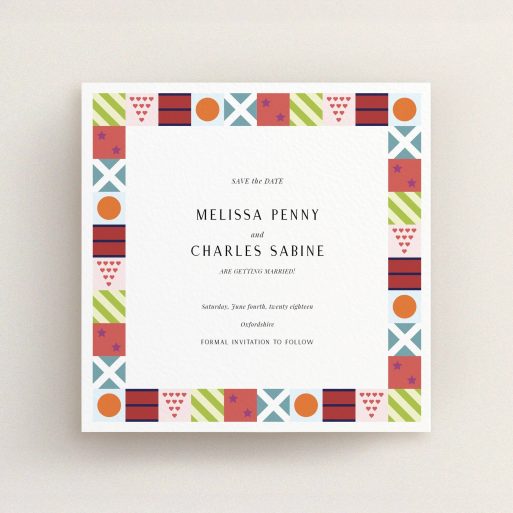 A wedding save the date named "Epsom". It is a square (148mm x 148mm) save the date in a square orientation. "Epsom" is available as a flat save the date, with mainly red colouring.