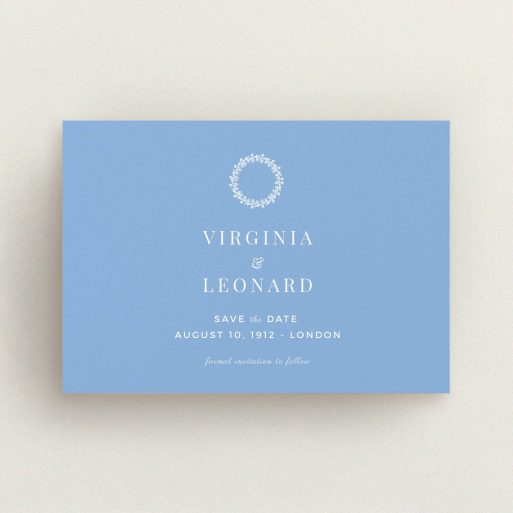 A wedding save the date design called "Flower spiral". It is an A6 save the date in a landscape orientation. "Flower spiral" is available as a flat save the date, with tones of blue and white.