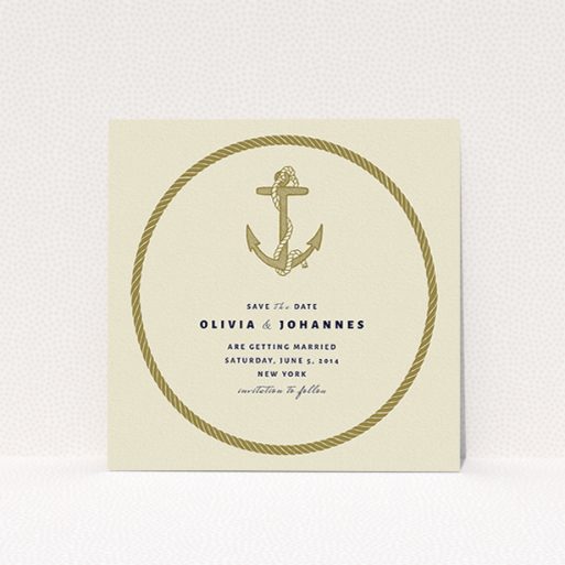 A wedding save the date template titled "Full knot". It is a square (148mm x 148mm) save the date in a square orientation. "Full knot" is available as a flat save the date, with tones of cream and gold.