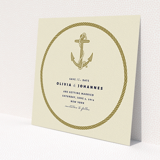 A wedding save the date template titled "Full knot". It is a square (148mm x 148mm) save the date in a square orientation. "Full knot" is available as a flat save the date, with tones of cream and gold.