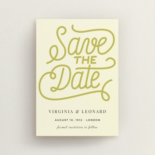 A wedding save the date named "Gold on Cream Typography". It is an A6 save the date in a portrait orientation. "Gold on Cream Typography" is available as a flat save the date, with tones of cream and gold.