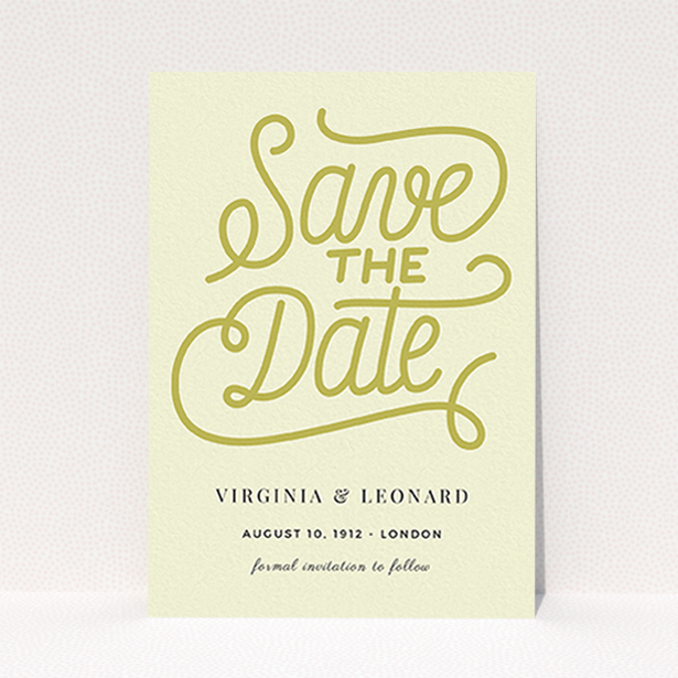 A wedding save the date named "Gold on Cream Typography". It is an A6 save the date in a portrait orientation. "Gold on Cream Typography" is available as a flat save the date, with tones of cream and gold.