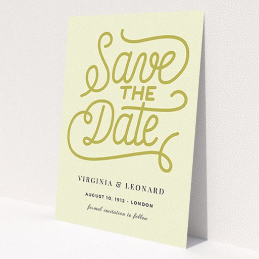 A wedding save the date named 'Gold on Cream Typography'. It is an A6 save the date in a portrait orientation. 'Gold on Cream Typography' is available as a flat save the date, with tones of cream and gold.