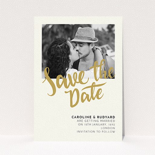A wedding save the date design called "Gold Typography Photo". It is an A6 save the date in a portrait orientation. It is a photographic wedding save the date with room for 1 photo. "Gold Typography Photo" is available as a flat save the date, with tones of cream and gold.