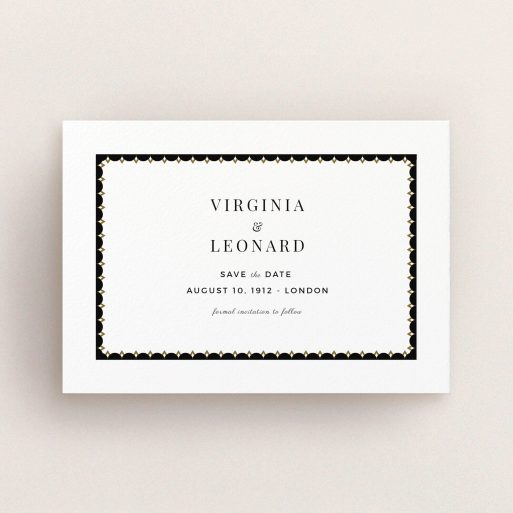 A wedding save the date design titled "Golden black stage". It is an A6 save the date in a landscape orientation. "Golden black stage" is available as a flat save the date, with tones of black and white.