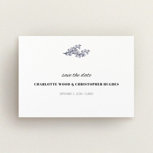 A wedding save the date design called "Greek island". It is an A6 save the date in a landscape orientation. "Greek island" is available as a flat save the date, with tones of white and blue.