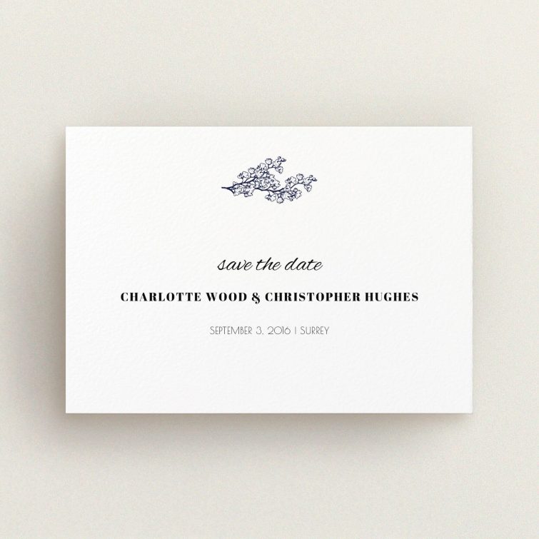 A wedding save the date design called "Greek island". It is an A6 save the date in a landscape orientation. "Greek island" is available as a flat save the date, with tones of white and blue.