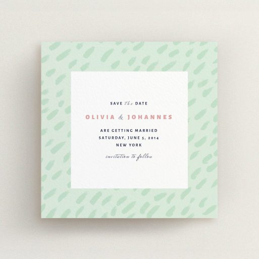 A wedding save the date called "Green Strokes". It is a square (148mm x 148mm) save the date in a square orientation. "Green Strokes" is available as a flat save the date, with tones of green and white.