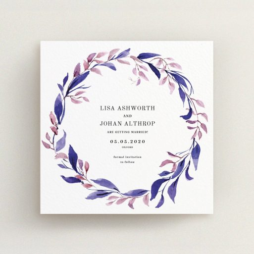 A wedding save the date design called "Hues of Blue". It is a square (148mm x 148mm) save the date in a square orientation. "Hues of Blue" is available as a flat save the date, with mainly purple/dark pink colouring.