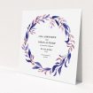 A wedding save the date design called "Hues of Blue". It is a square (148mm x 148mm) save the date in a square orientation. "Hues of Blue" is available as a flat save the date, with mainly purple/dark pink colouring.