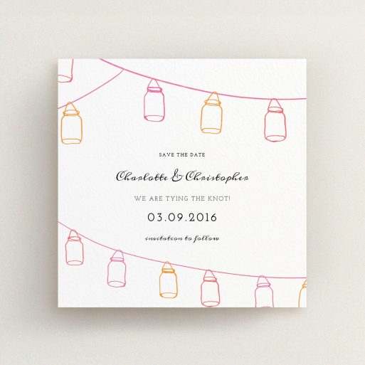 A wedding save the date template titled "In a jar". It is a square (148mm x 148mm) save the date in a square orientation. "In a jar" is available as a flat save the date, with tones of white, orange and pink.