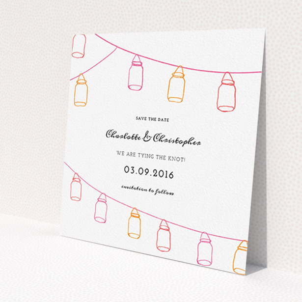 A wedding save the date template titled 'In a jar'. It is a square (148mm x 148mm) save the date in a square orientation. 'In a jar' is available as a flat save the date, with tones of white, orange and pink.