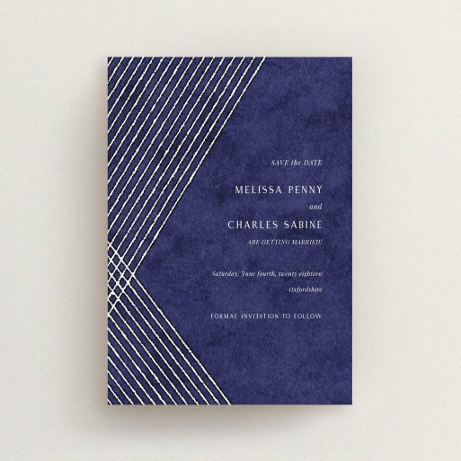 A wedding save the date template titled "In the Navy". It is an A6 save the date in a portrait orientation. "In the Navy" is available as a flat save the date, with mainly blue colouring.