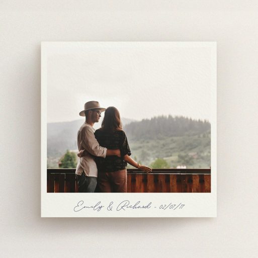 A wedding save the date design called "Instant Photo Frame". It is a square (148mm x 148mm) save the date in a square orientation. It is a photographic wedding save the date with room for 1 photo. "Instant Photo Frame" is available as a flat save the date, with mainly pale cream colouring.