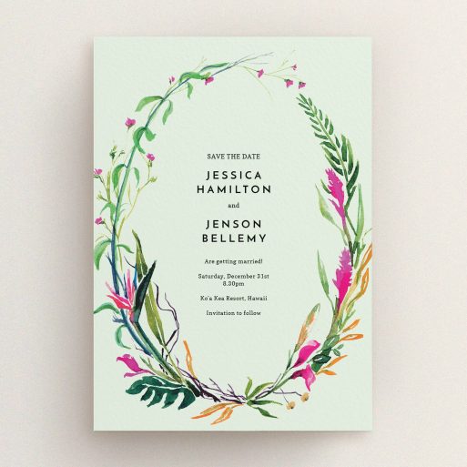 A wedding save the date called "Jungle collection". It is an A5 save the date in a portrait orientation. "Jungle collection" is available as a flat save the date, with tones of green, pink and orange.