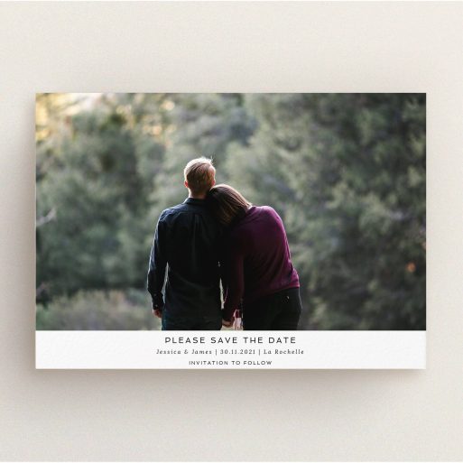 A wedding save the date template titled "Landscape Photo". It is an A5 save the date in a landscape orientation. It is a photographic wedding save the date with room for 1 photo. "Landscape Photo" is available as a flat save the date, with mainly white colouring.
