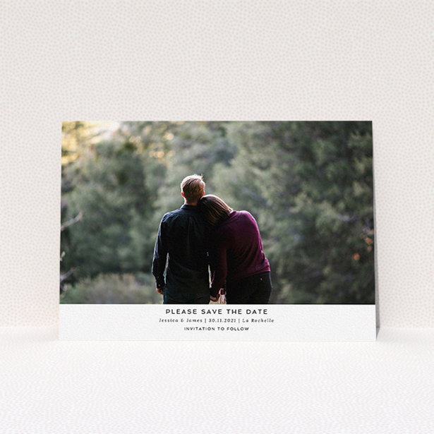 A wedding save the date template titled "Landscape Photo". It is an A5 save the date in a landscape orientation. It is a photographic wedding save the date with room for 1 photo. "Landscape Photo" is available as a flat save the date, with mainly white colouring.