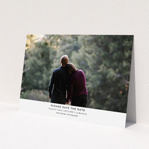 A wedding save the date template titled 'Landscape Photo'. It is an A5 save the date in a landscape orientation. It is a photographic wedding save the date with room for 1 photo. 'Landscape Photo' is available as a flat save the date, with mainly white colouring.