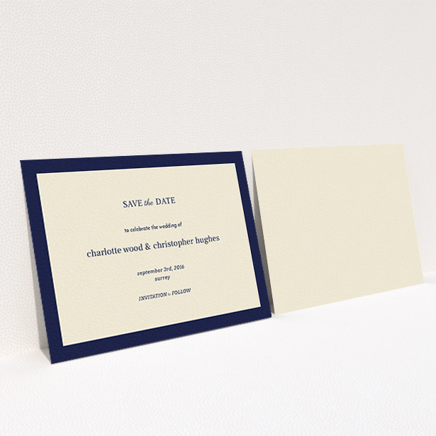 A wedding save the date called "Laydown simple". It is an A6 save the date in a landscape orientation. "Laydown simple" is available as a flat save the date, with tones of navy blue and cream.