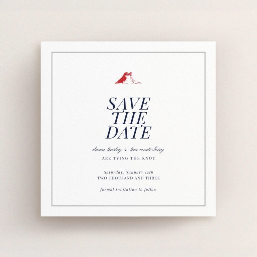 A wedding save the date named "Lovebirds". It is a square (148mm x 148mm) save the date in a square orientation. "Lovebirds" is available as a flat save the date, with mainly white colouring.