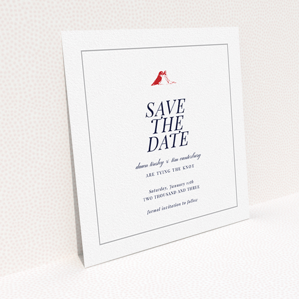 A wedding save the date named "Lovebirds". It is a square (148mm x 148mm) save the date in a square orientation. "Lovebirds" is available as a flat save the date, with mainly white colouring.