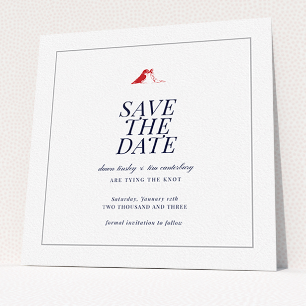A wedding save the date named "Lovebirds". It is a square (148mm x 148mm) save the date in a square orientation. "Lovebirds" is available as a flat save the date, with mainly white colouring.