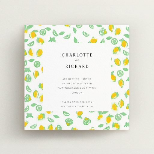 A wedding save the date design named "Madeira". It is a square (148mm x 148mm) save the date in a square orientation. "Madeira" is available as a flat save the date, with tones of green and yellow.