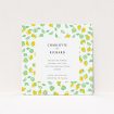 A wedding save the date design named "Madeira". It is a square (148mm x 148mm) save the date in a square orientation. "Madeira" is available as a flat save the date, with tones of green and yellow.