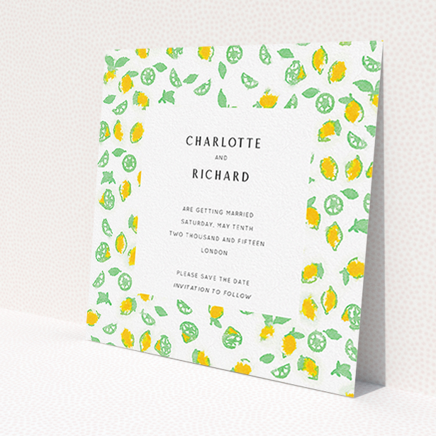 A wedding save the date design named "Madeira". It is a square (148mm x 148mm) save the date in a square orientation. "Madeira" is available as a flat save the date, with tones of green and yellow.