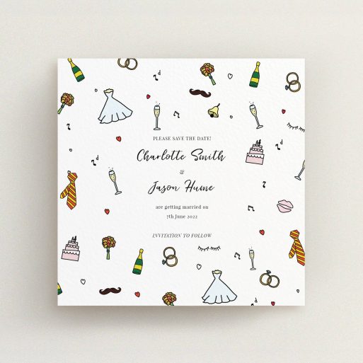 A wedding save the date template titled "Matrimonial Doodles". It is a square (148mm x 148mm) save the date in a square orientation. "Matrimonial Doodles" is available as a flat save the date, with tones of white and green.